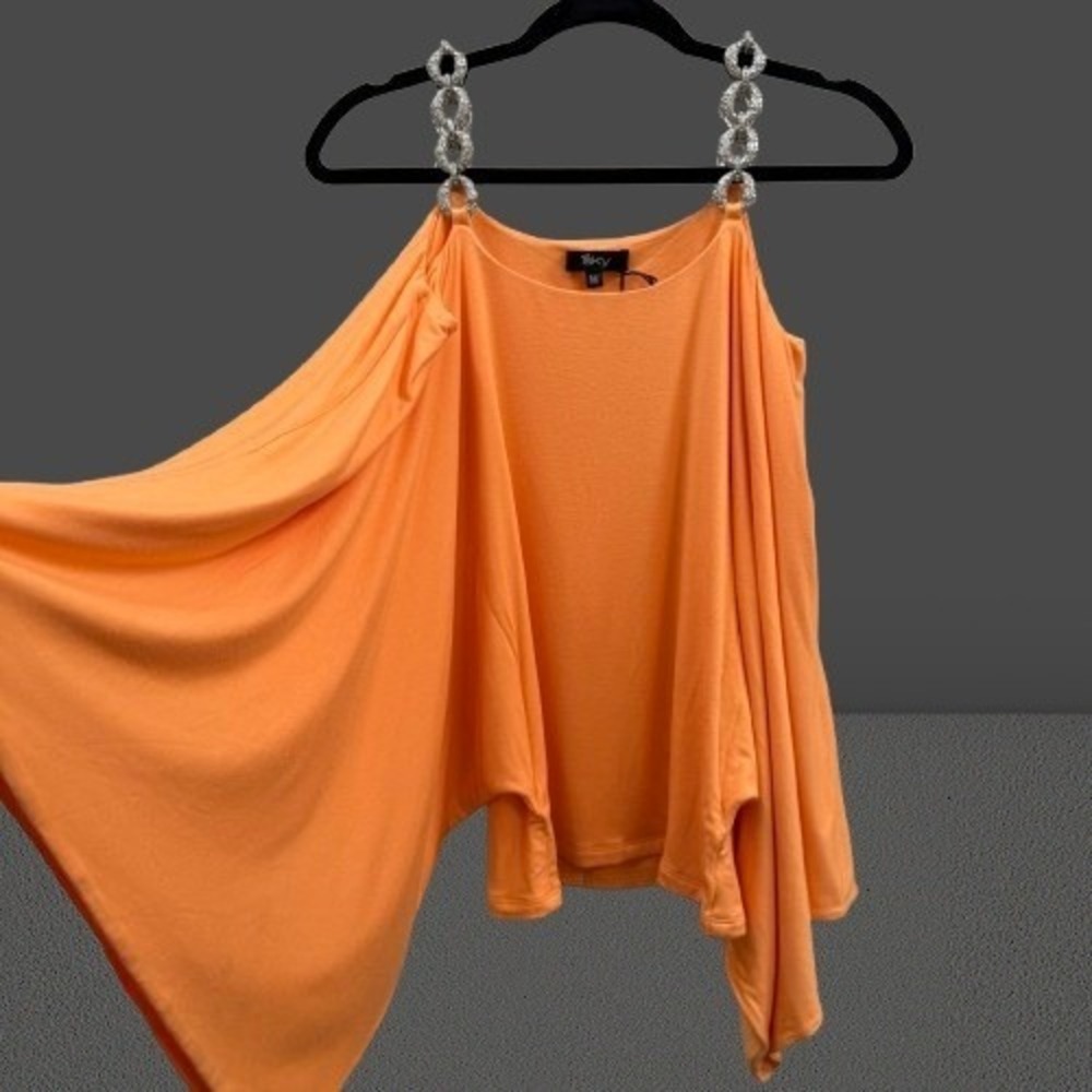 NEW Sky Women Cold Shoulder‎ Top Rhinestone Chain Straps Drape Orange Medium